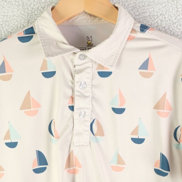 Rolo Golf Polo Mens Medium Beige Sailboat All Over Print Golf Performance - Picture 2 of 8